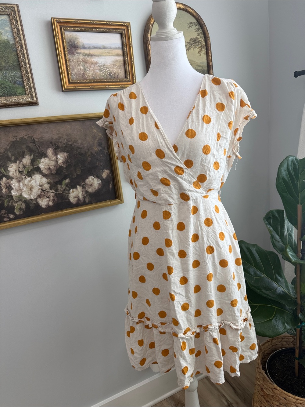 Cream Midi Dress with Mustard Polka Dots - Feminine Wrap Style